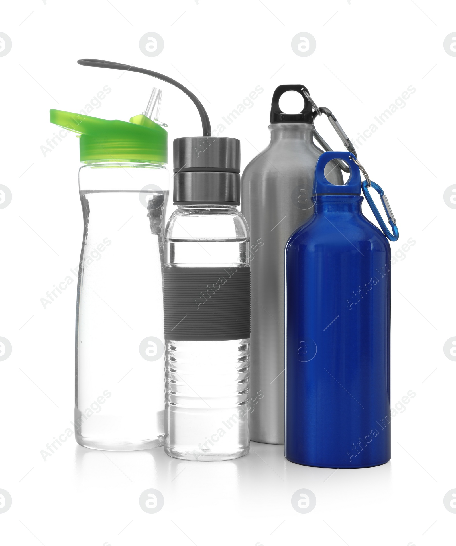 Photo of Different water bottles for sports on white background