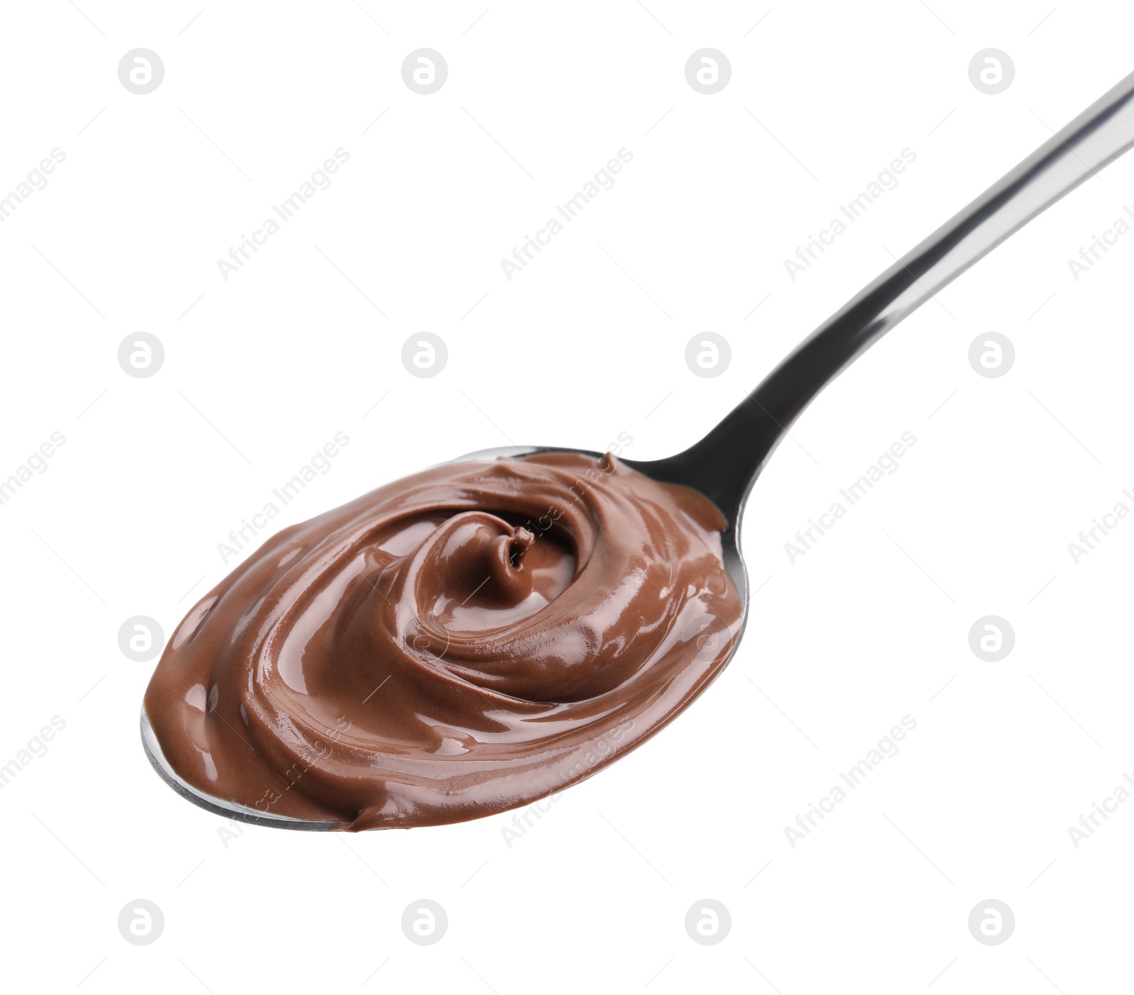 Photo of Spoon with delicious chocolate paste isolated on white