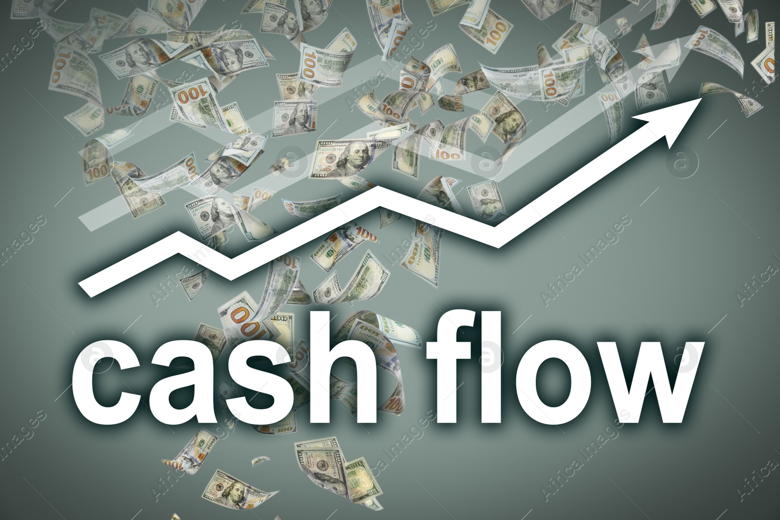 Image of Cash Flow concept. Illustration of upward arrow and flying money on grey background