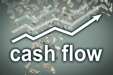 Image of Cash Flow concept. Illustration of upward arrow and flying money on grey background