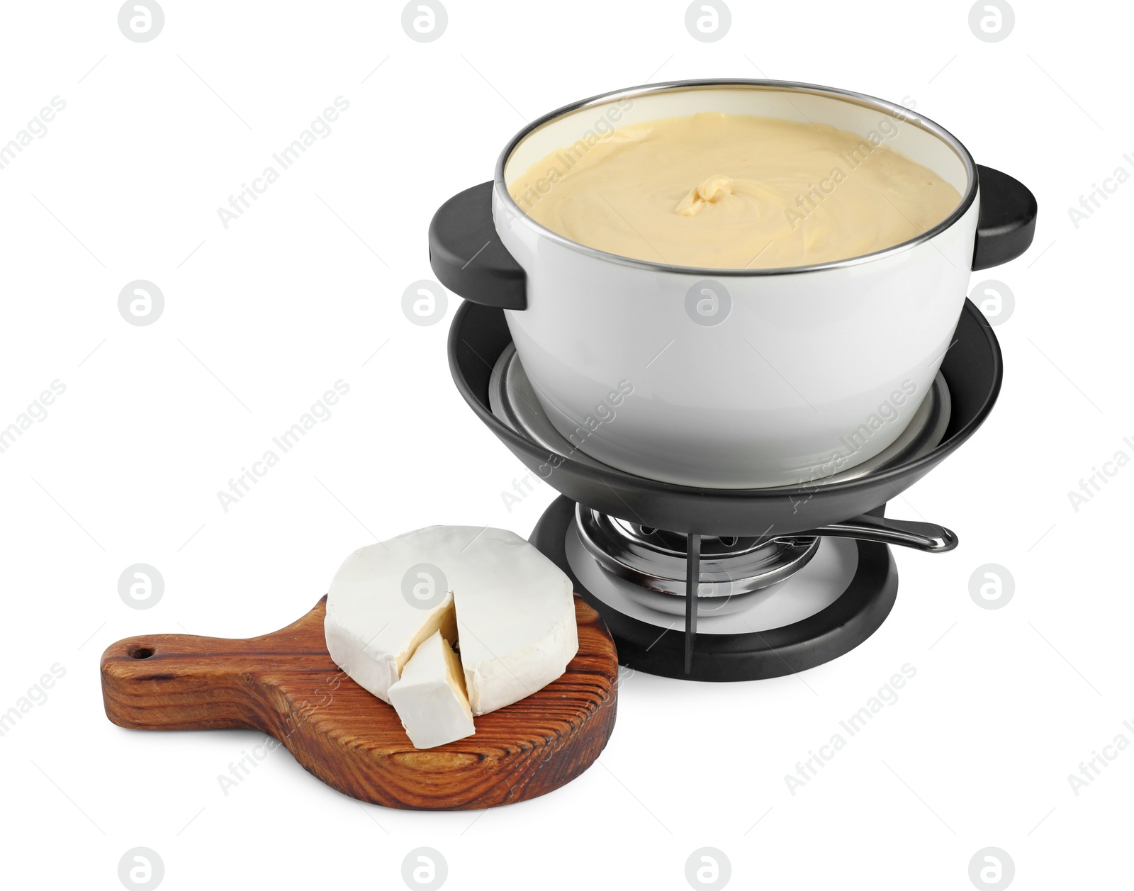 Photo of Fondue with tasty melted cheese and camembert isolated on white