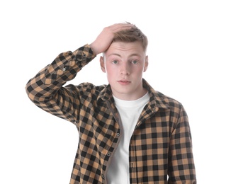 Photo of Portrait of emotional teenage boy on white background