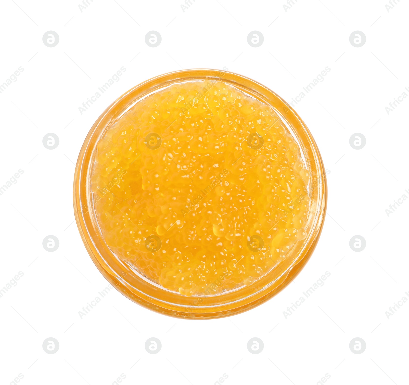 Photo of Fresh pike caviar in glass jar isolated on white, top view