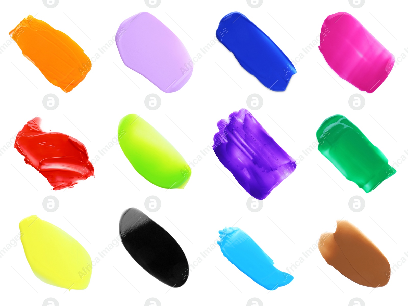 Image of Set with paint samples of different colors isolated on white, top view