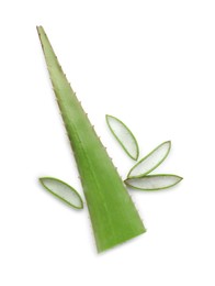Photo of Cut aloe vera leaf isolated on white, top view