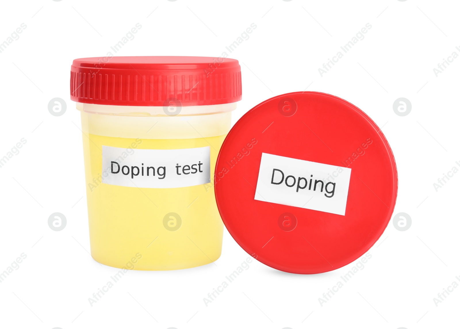 Photo of Containers with samples of urine for doping control isolated on white