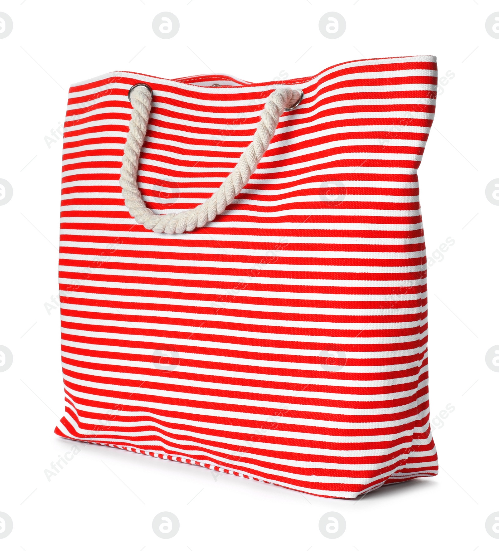 Photo of Beautiful female bag on white background. Beach object