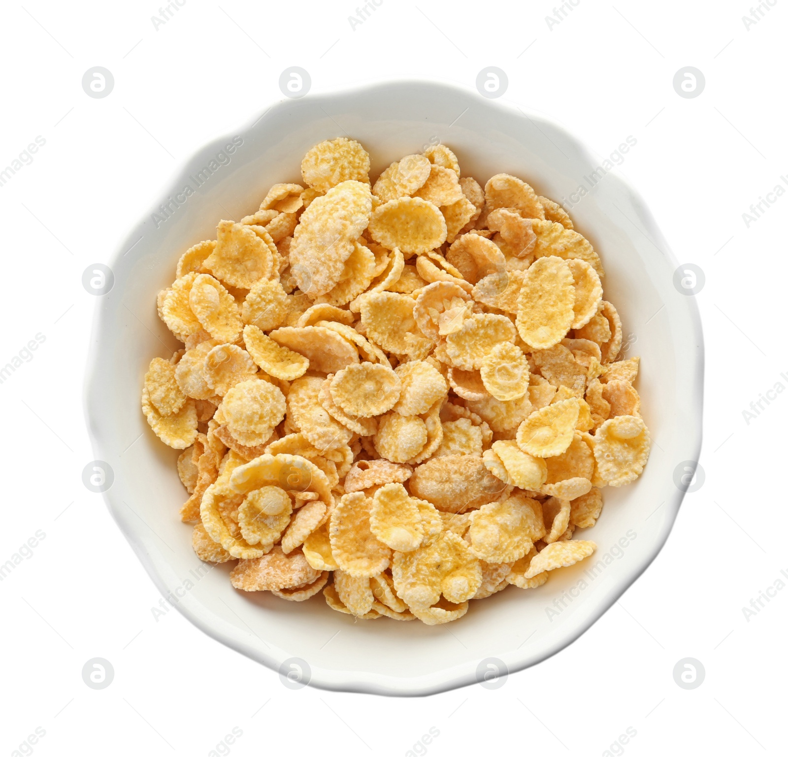 Photo of Bowl with corn flakes on white background. Healthy grains and cereals