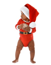 Photo of Cute African-American baby wearing festive Christmas costume on white background