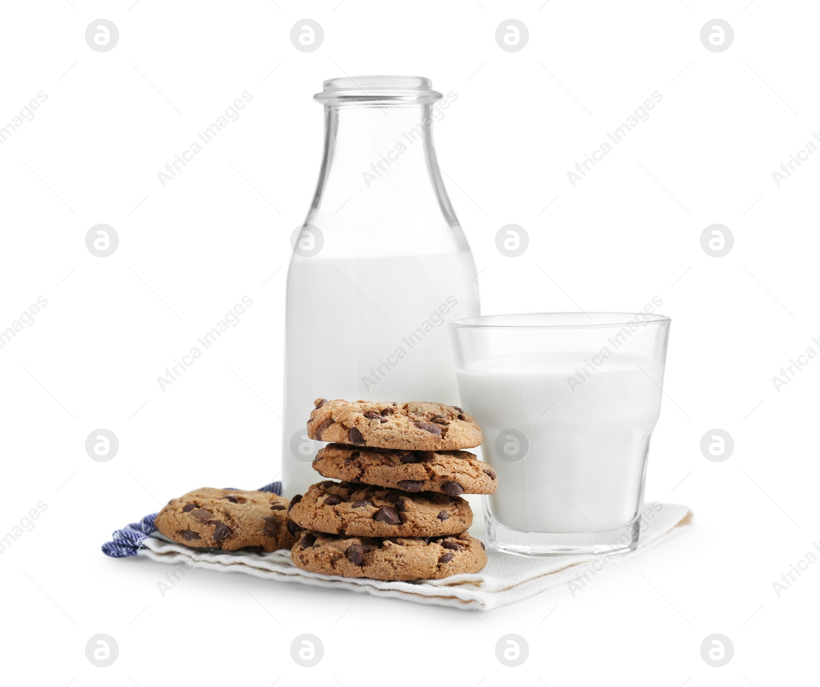 Photo of Delicious chocolate chip cookies and milk isolated on white