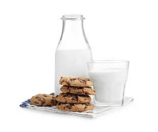 Photo of Delicious chocolate chip cookies and milk isolated on white