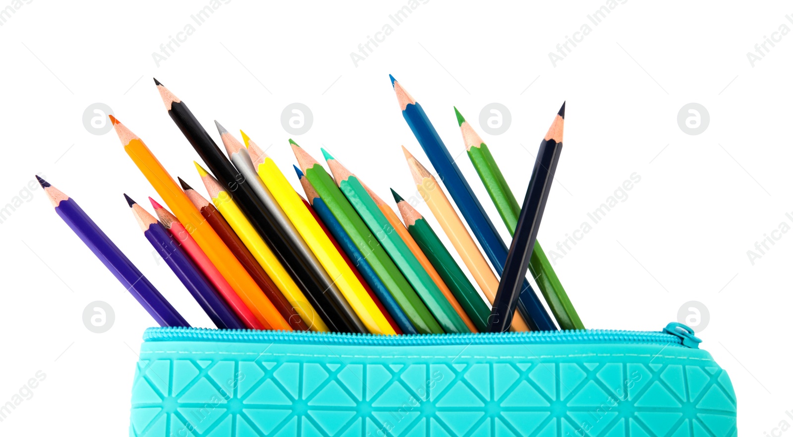 Photo of Case full of color pencils on white background, top view
