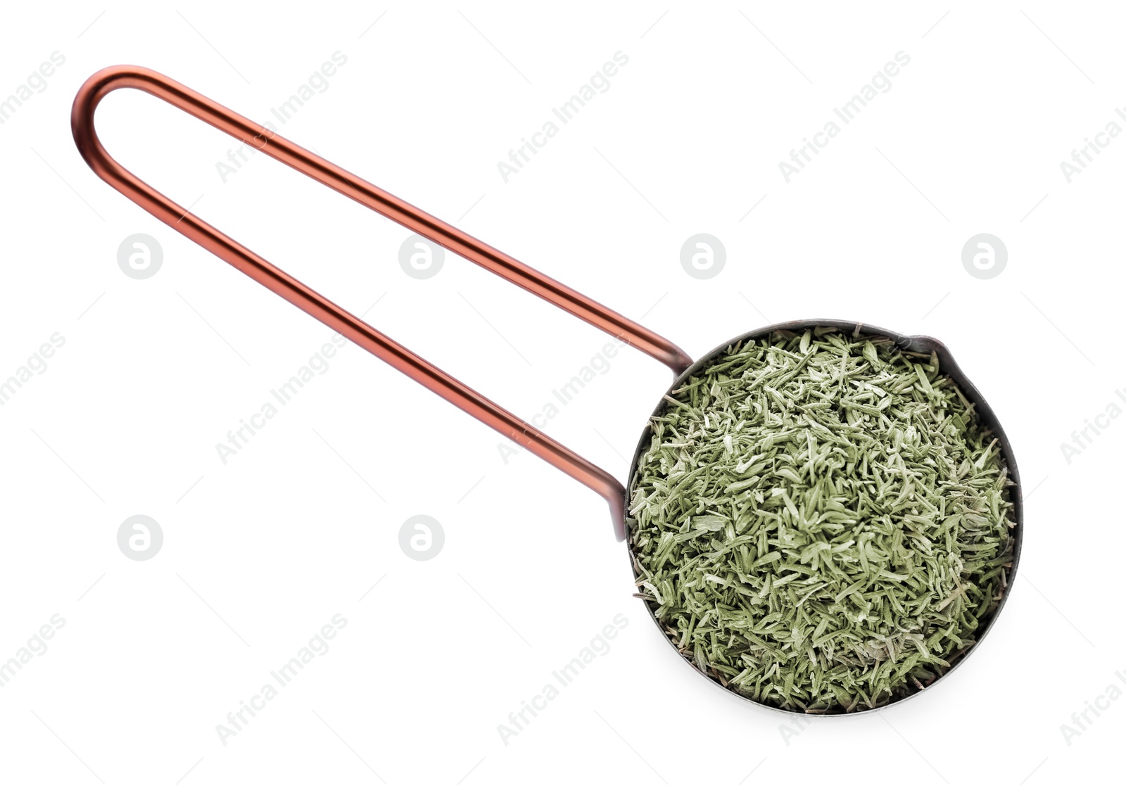 Photo of Scoop with dried thyme isolated on white, top view