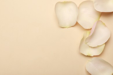 Photo of Beautiful rose petals on beige background, flat lay. Space for text