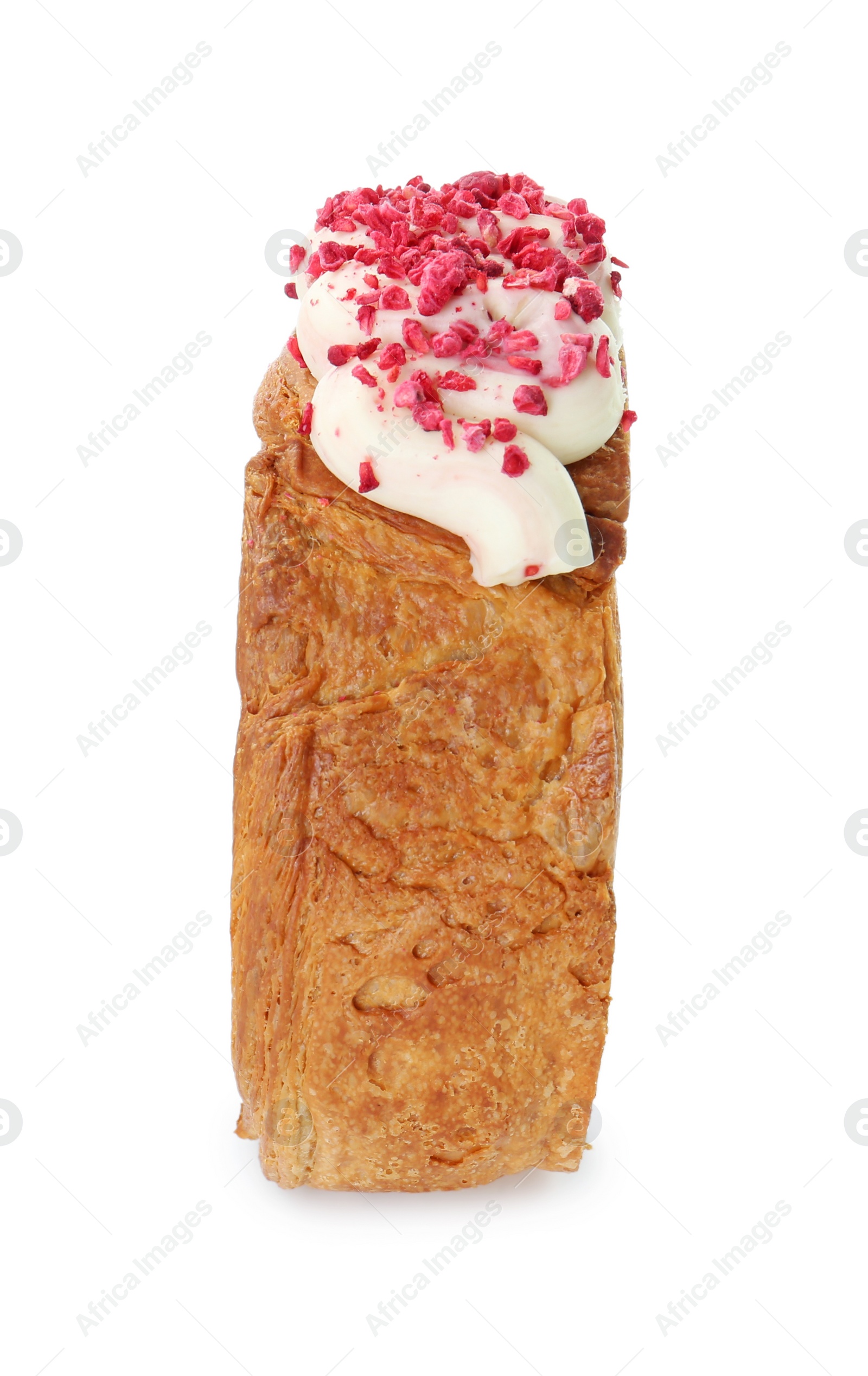 Photo of Round croissant with cream isolated on white. Tasty puff pastry