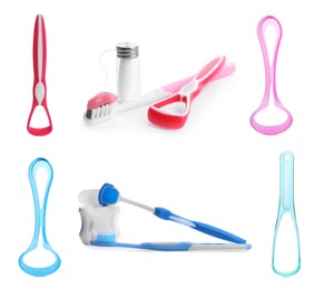Image of Set with different tongue scrapers, dental floss and toothbrushes on white background 
