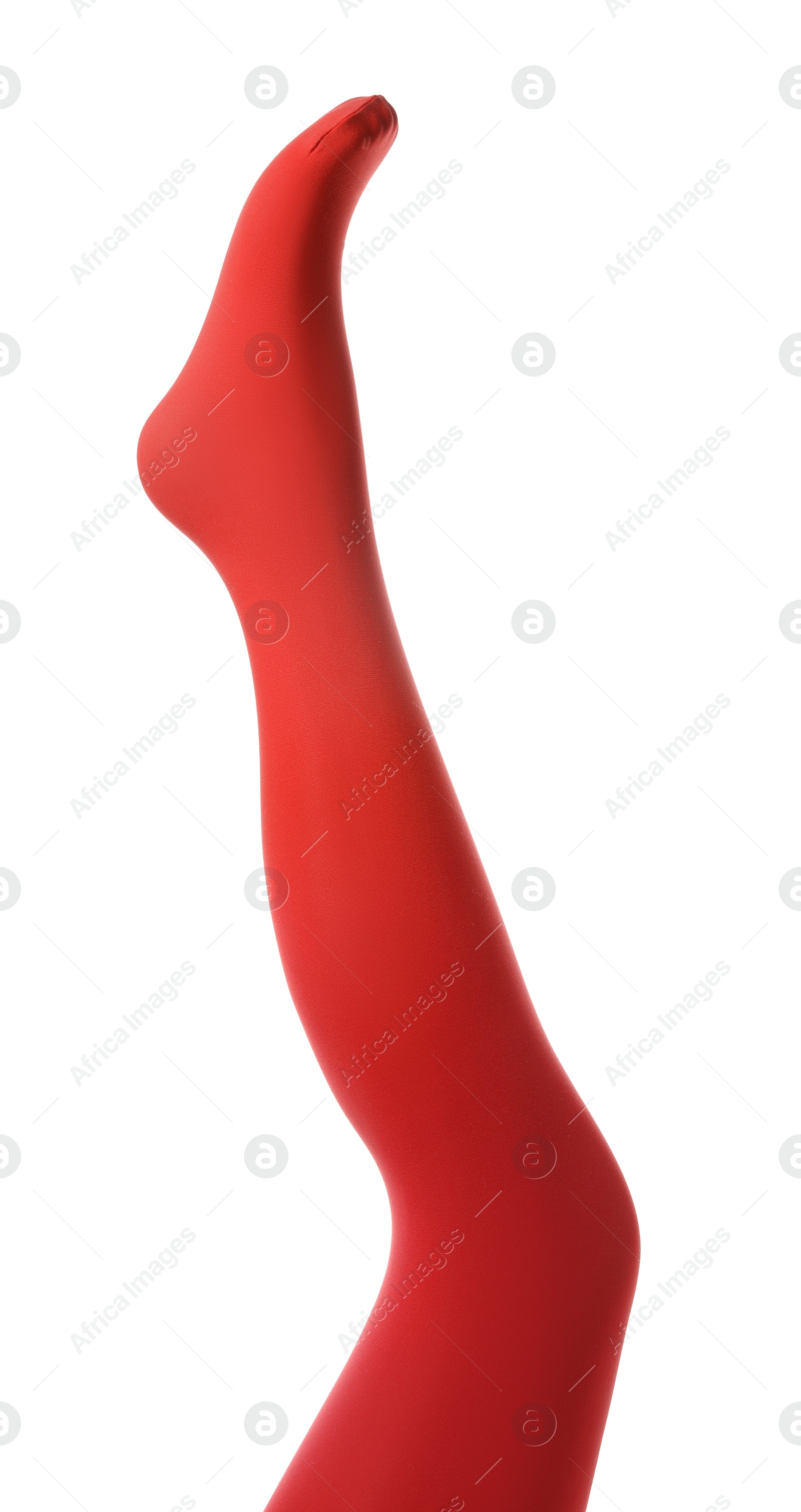 Photo of Leg mannequin in red tights on white background