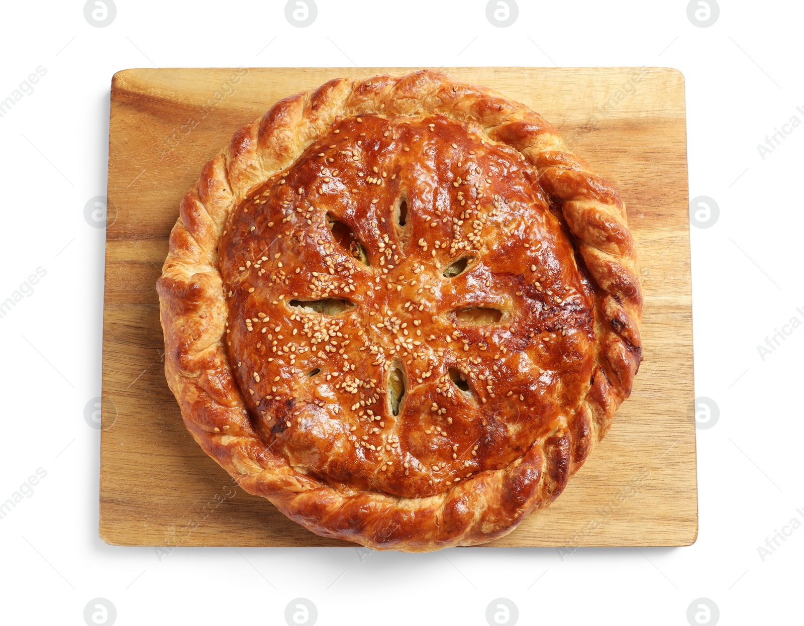 Photo of Tasty homemade pie with filling isolated on white, top view