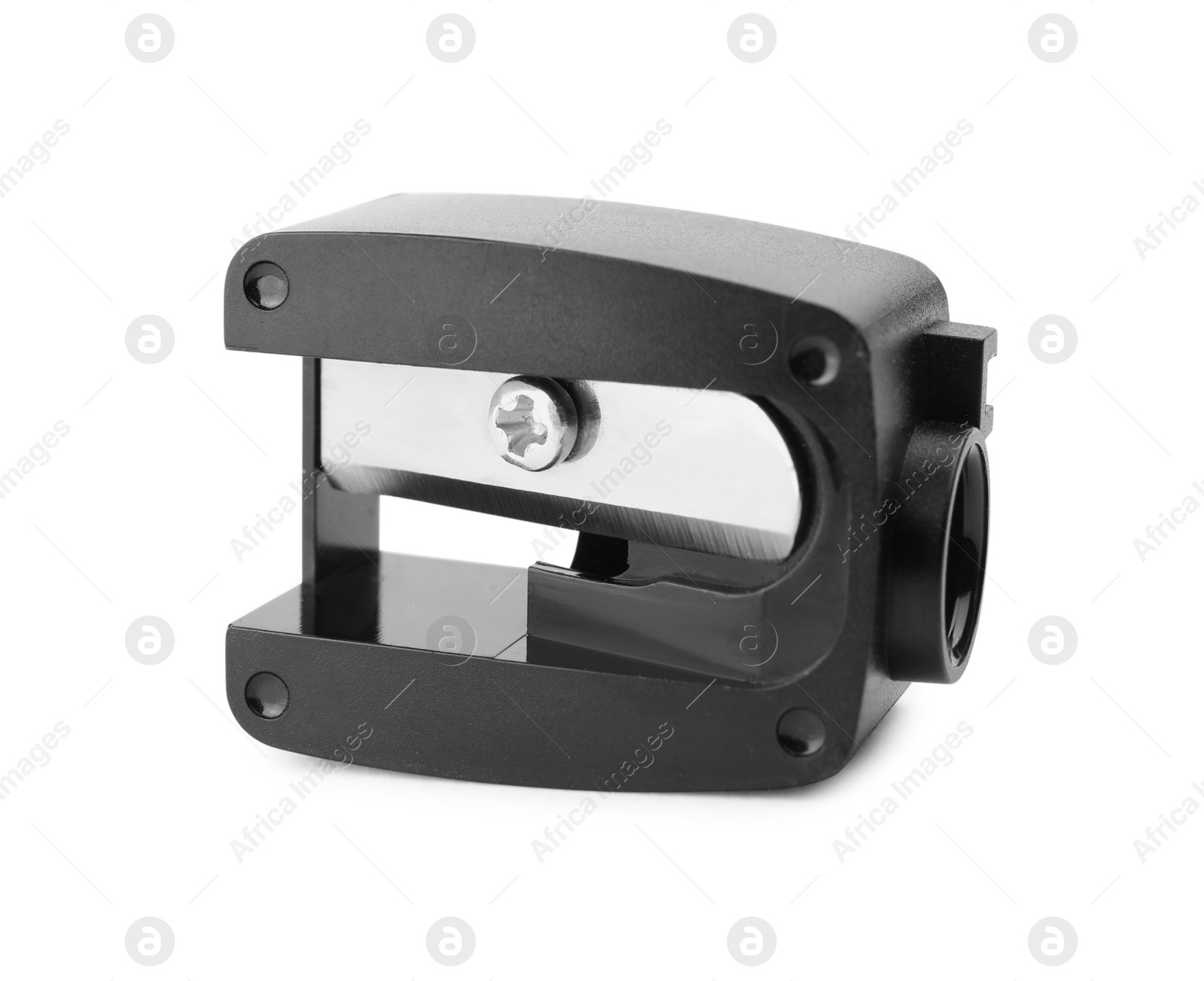 Photo of Plastic black pencil sharpener isolated on white