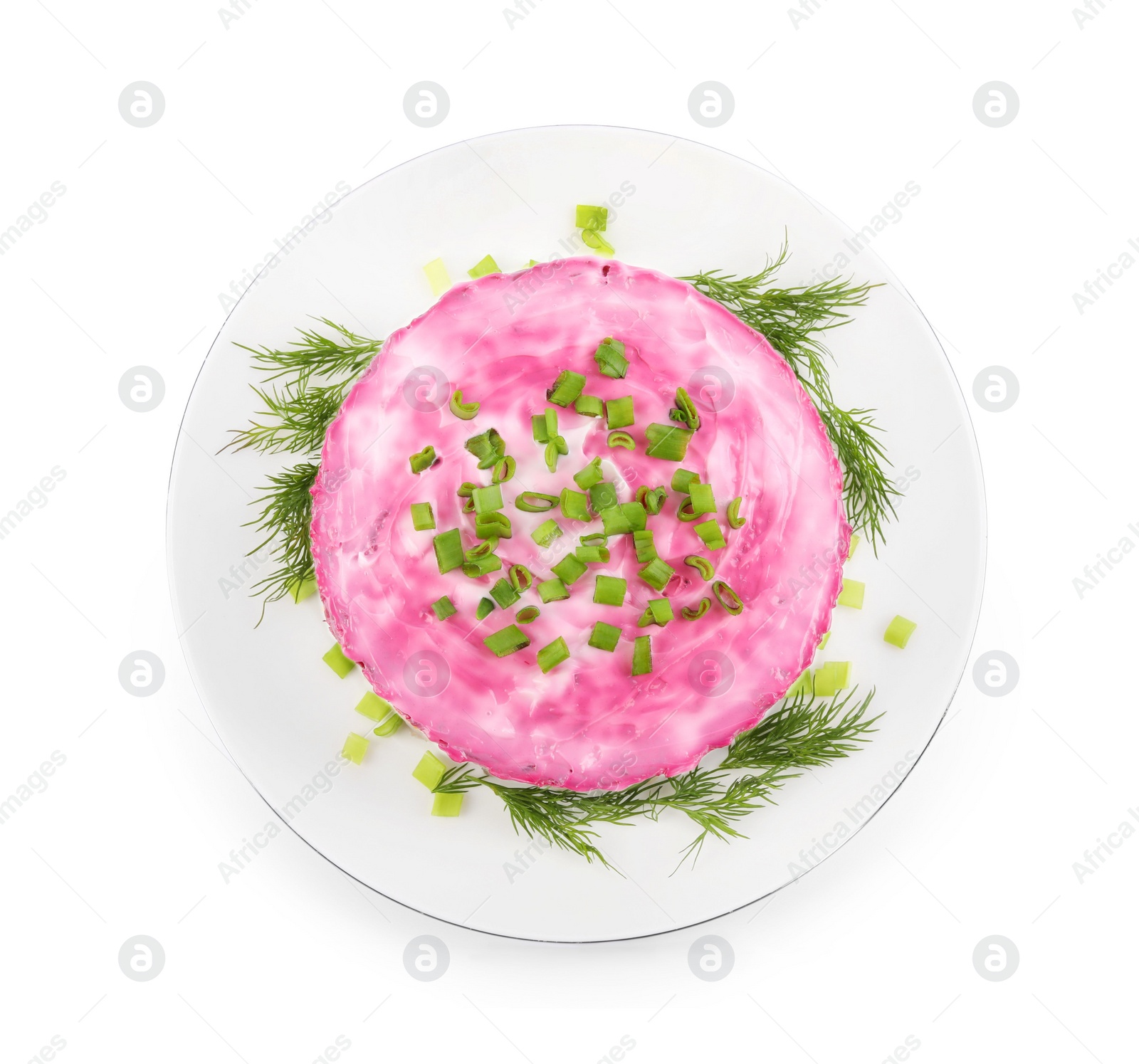 Photo of Herring under fur coat salad isolated on white, top view. Traditional Russian dish