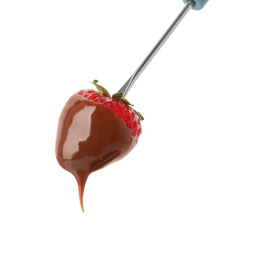 Photo of Strawberry with chocolate on fondue fork against white background