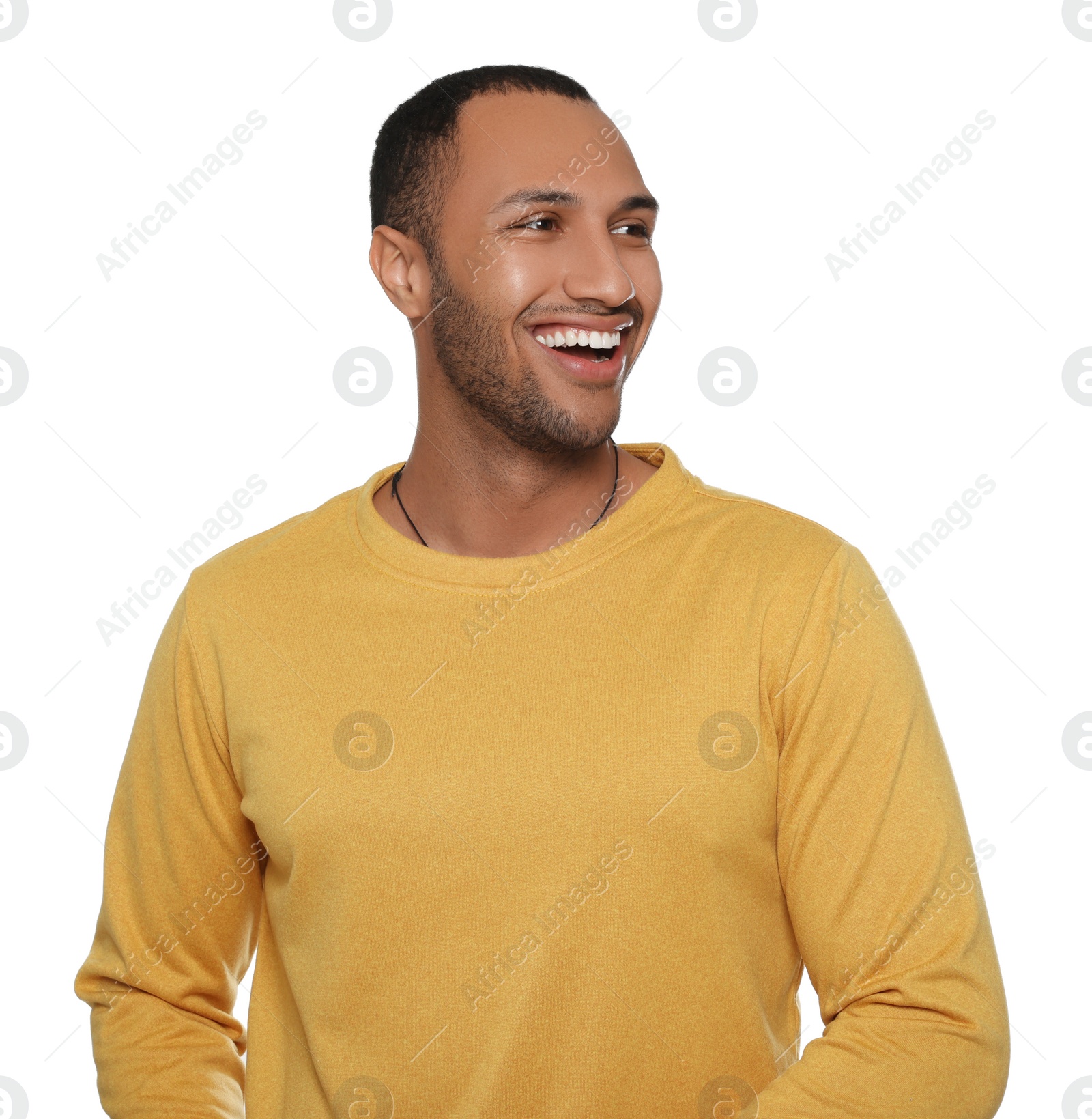 Photo of Portrait of smiling African American man on white background