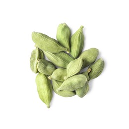 Photo of Pile of dry green cardamom on white background, top view