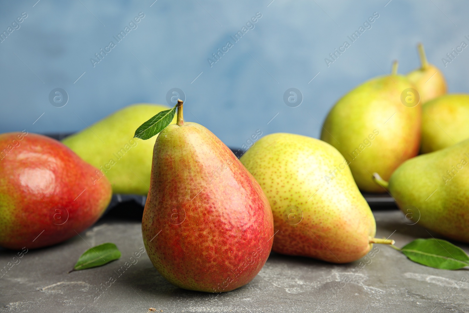 Photo of Ripe juicy pears on grey stone table against blue background