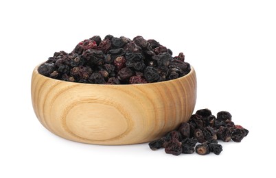 Bowl with tasty dried currants on white background