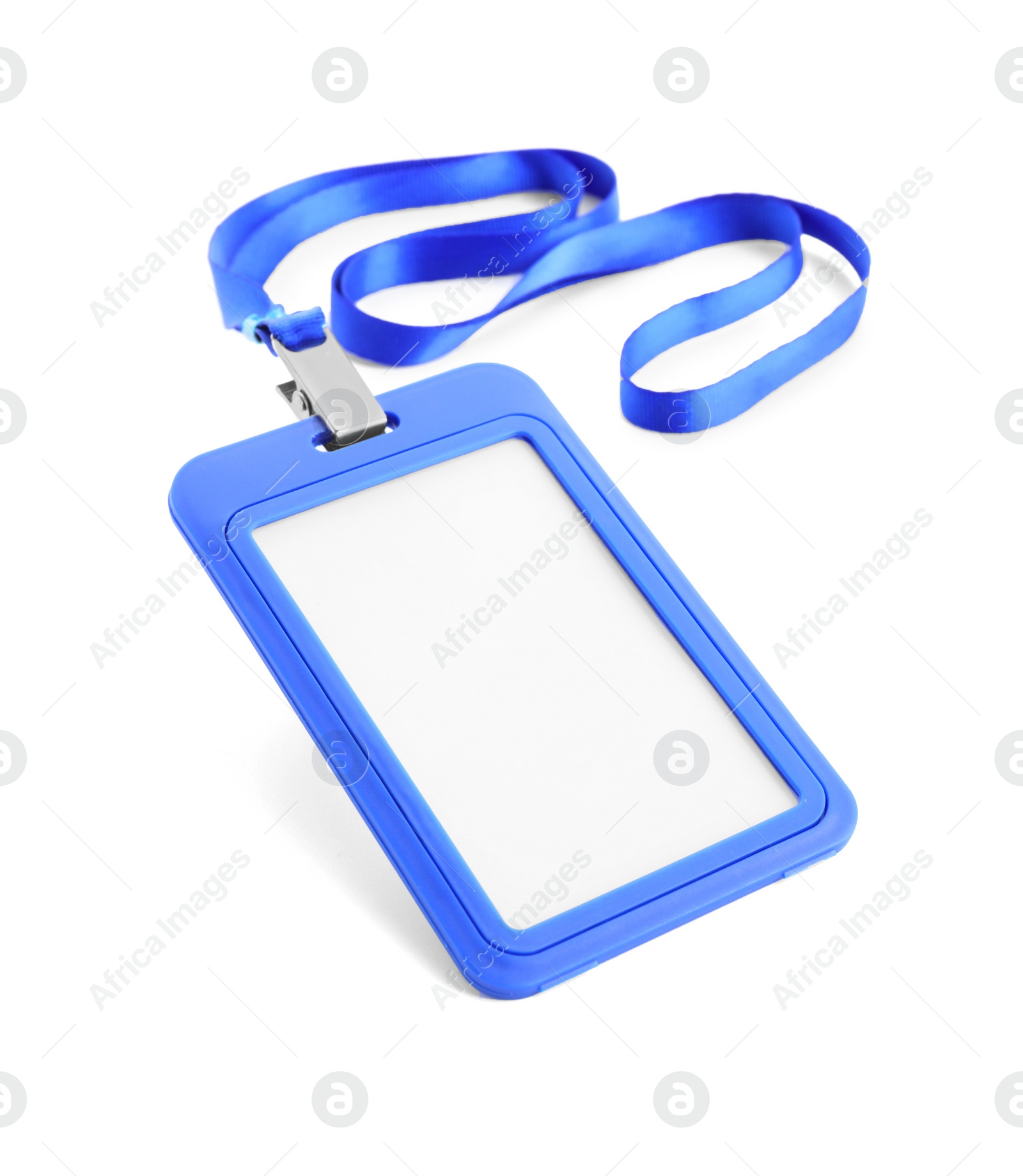 Photo of Blank blue badge with string isolated on white