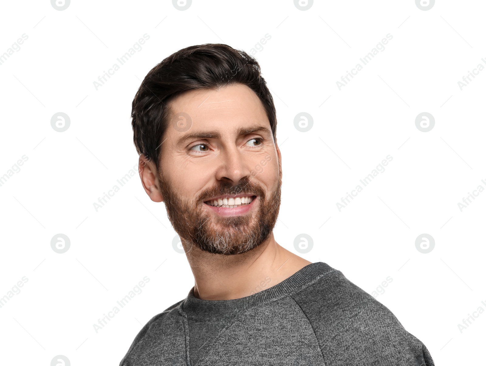 Photo of Smiling man with healthy clean teeth on white background