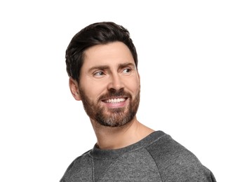 Smiling man with healthy clean teeth on white background