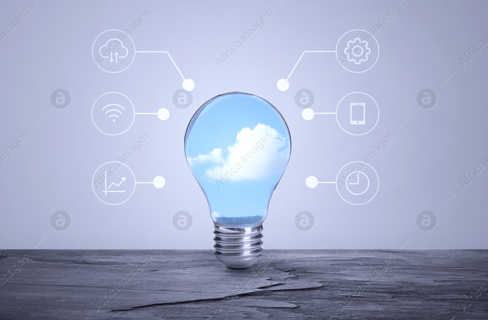 Cloud technology concept. Light bulb with sky and different icons Image of Cloud technology concept. Light bulb with sky and different icons