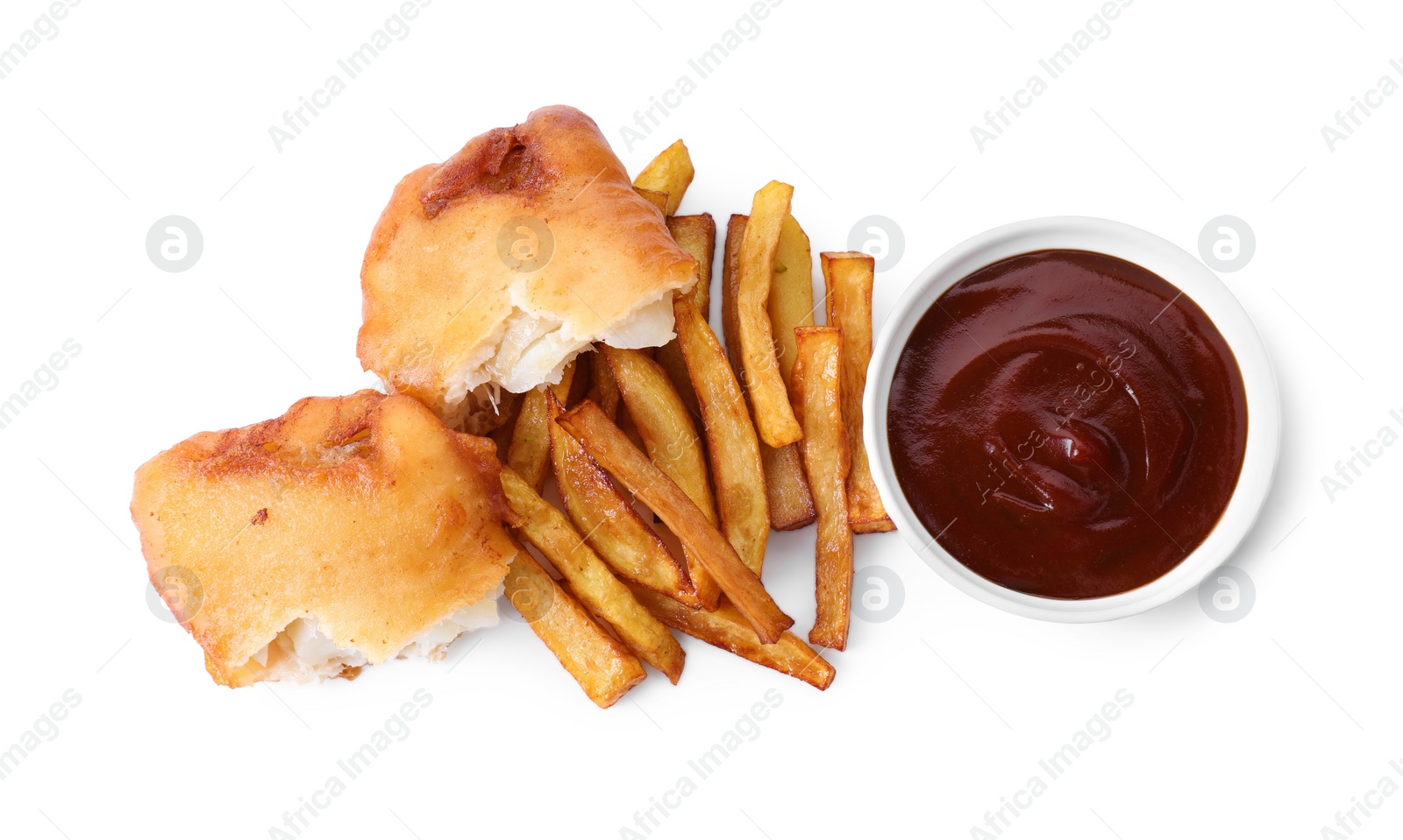 Photo of Tasty fish, chips and sauce isolated on white, top view