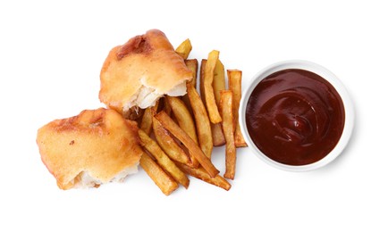 Photo of Tasty fish, chips and sauce isolated on white, top view