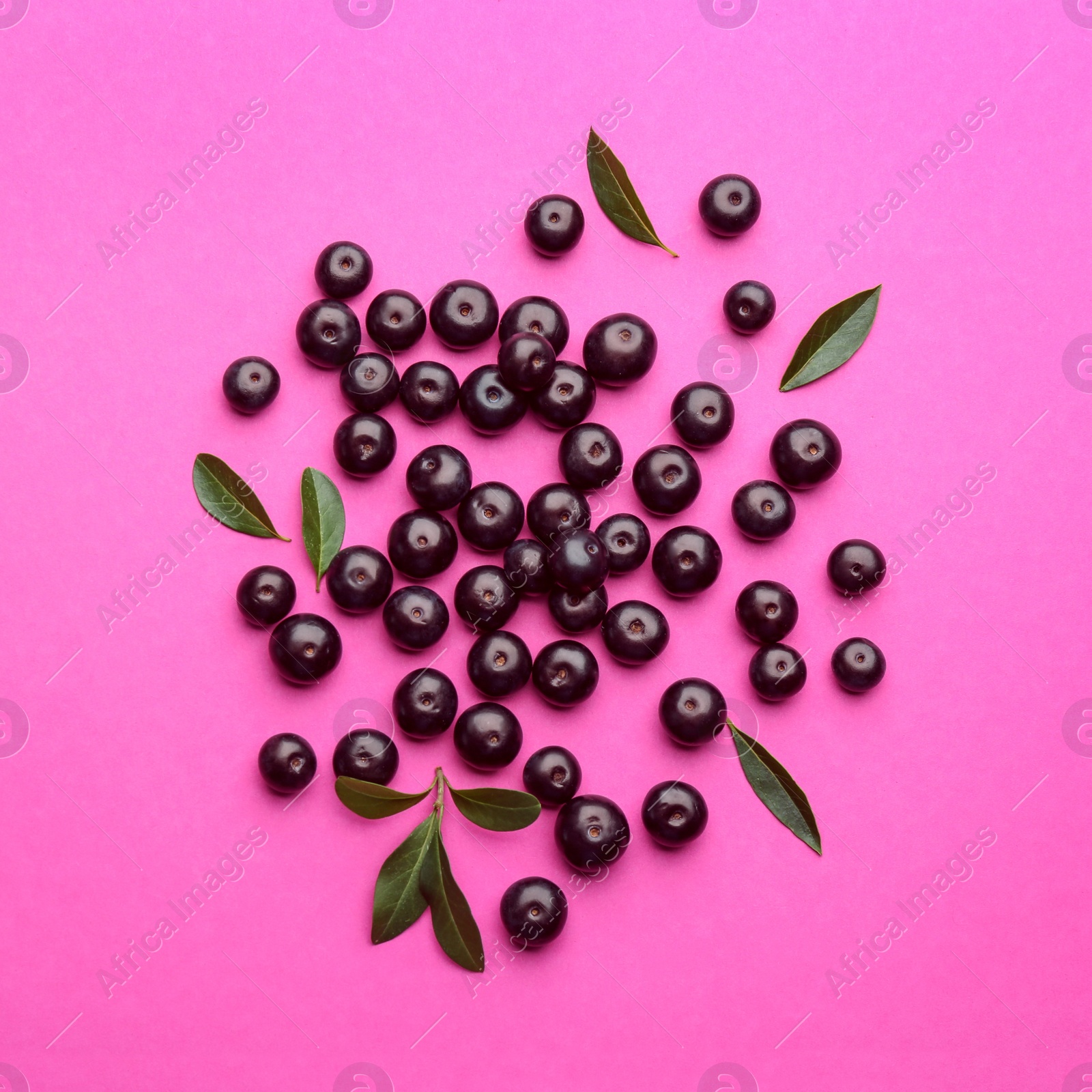 Photo of Fresh acai berries and green leaves on pink background, flat lay