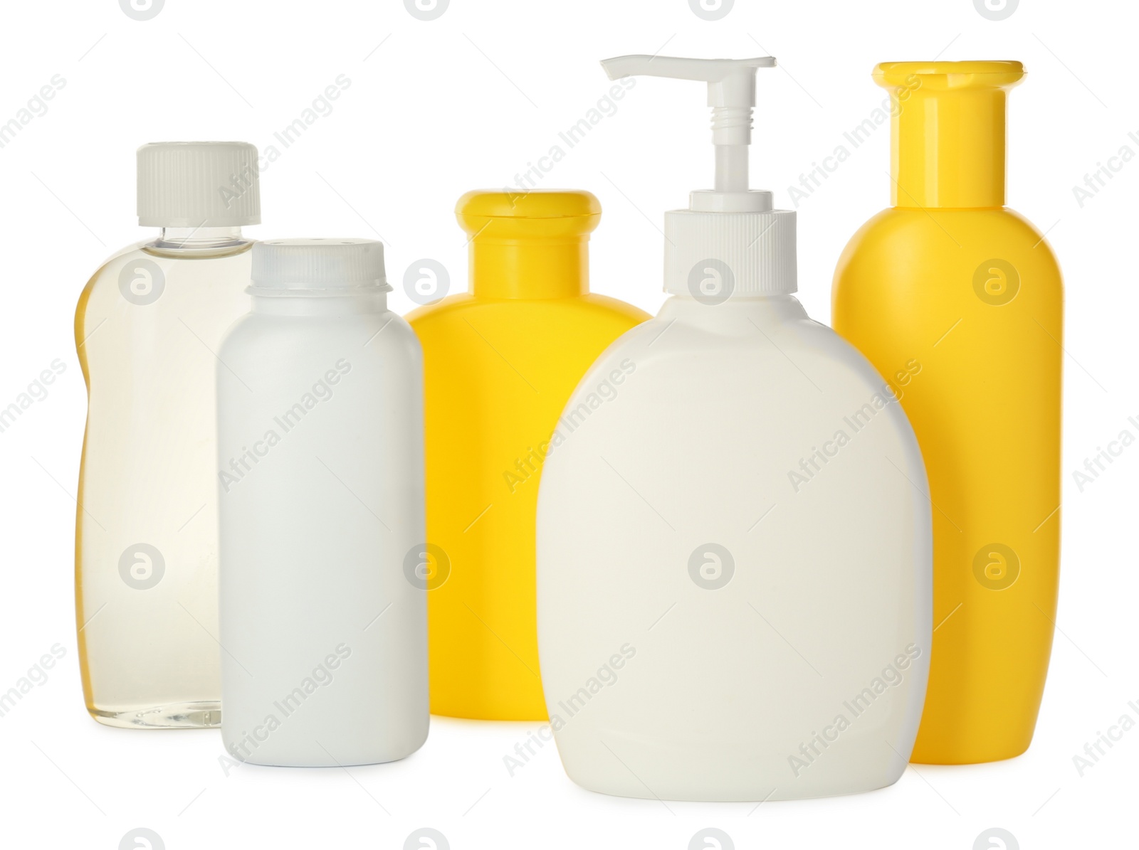 Photo of Bottles of baby cosmetic products on white background