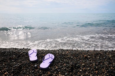 Photo of Stylish lilac flip lops on pebble beach near sea. Space for text