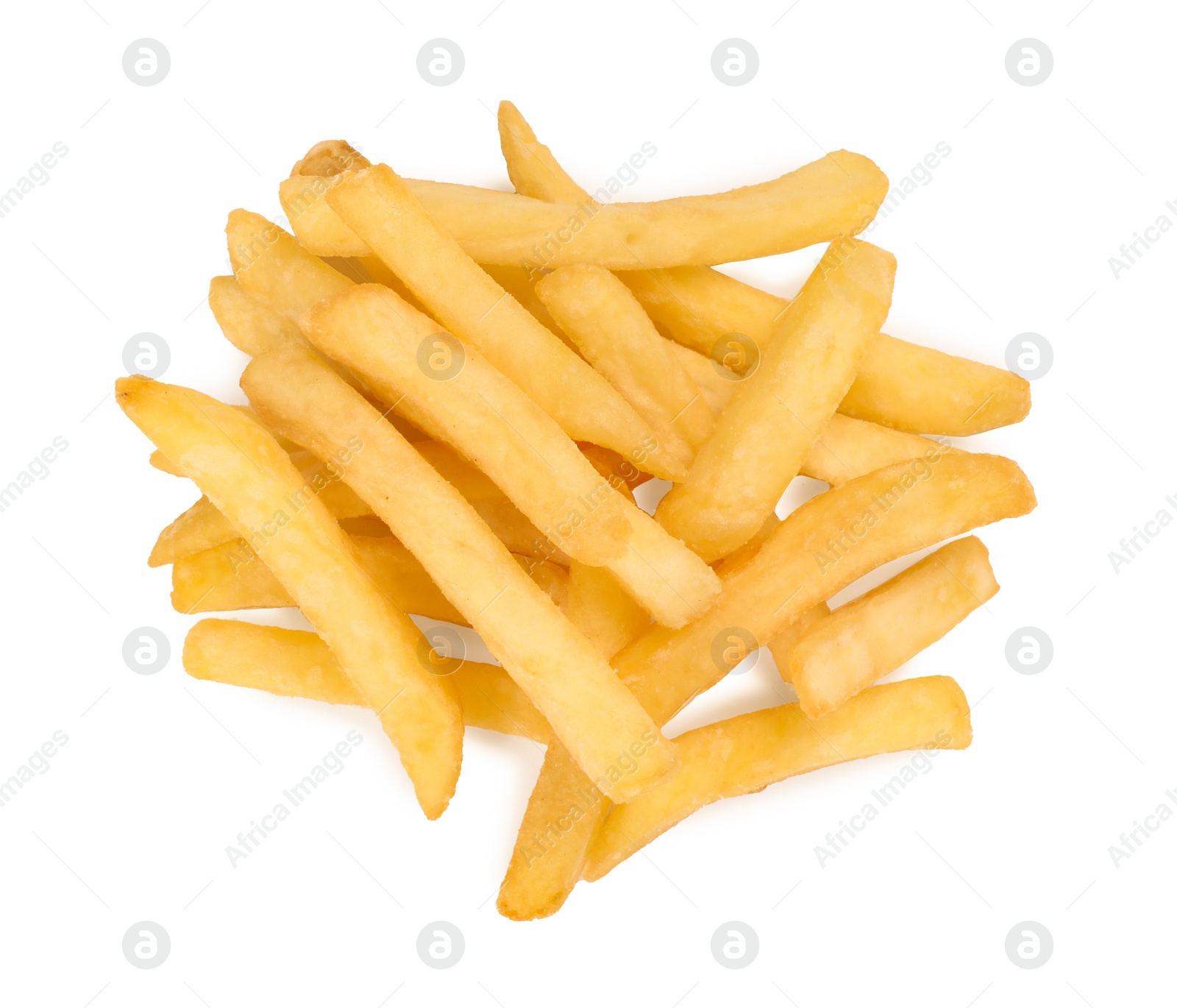 Photo of Delicious fresh french fries on white background, top view