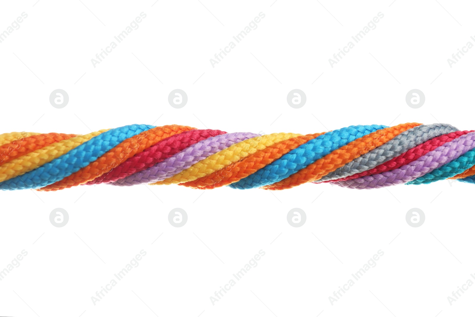 Photo of Twisted colorful ropes isolated on white. Unity concept