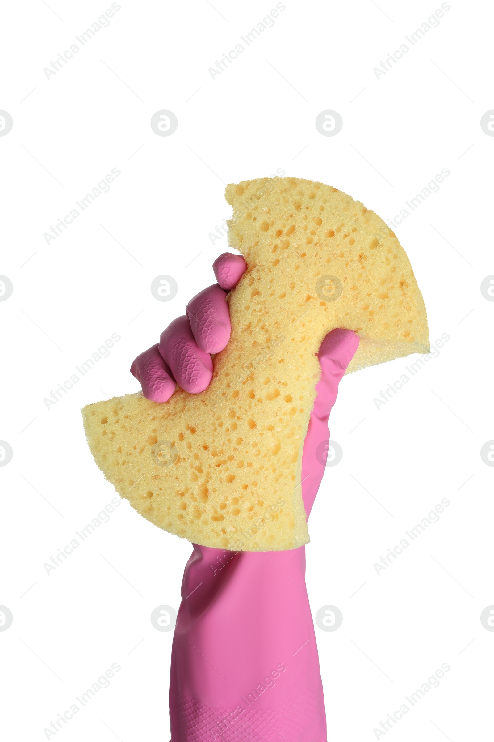 Photo of Cleaner in rubber glove holding new yellow sponge on white background, closeup