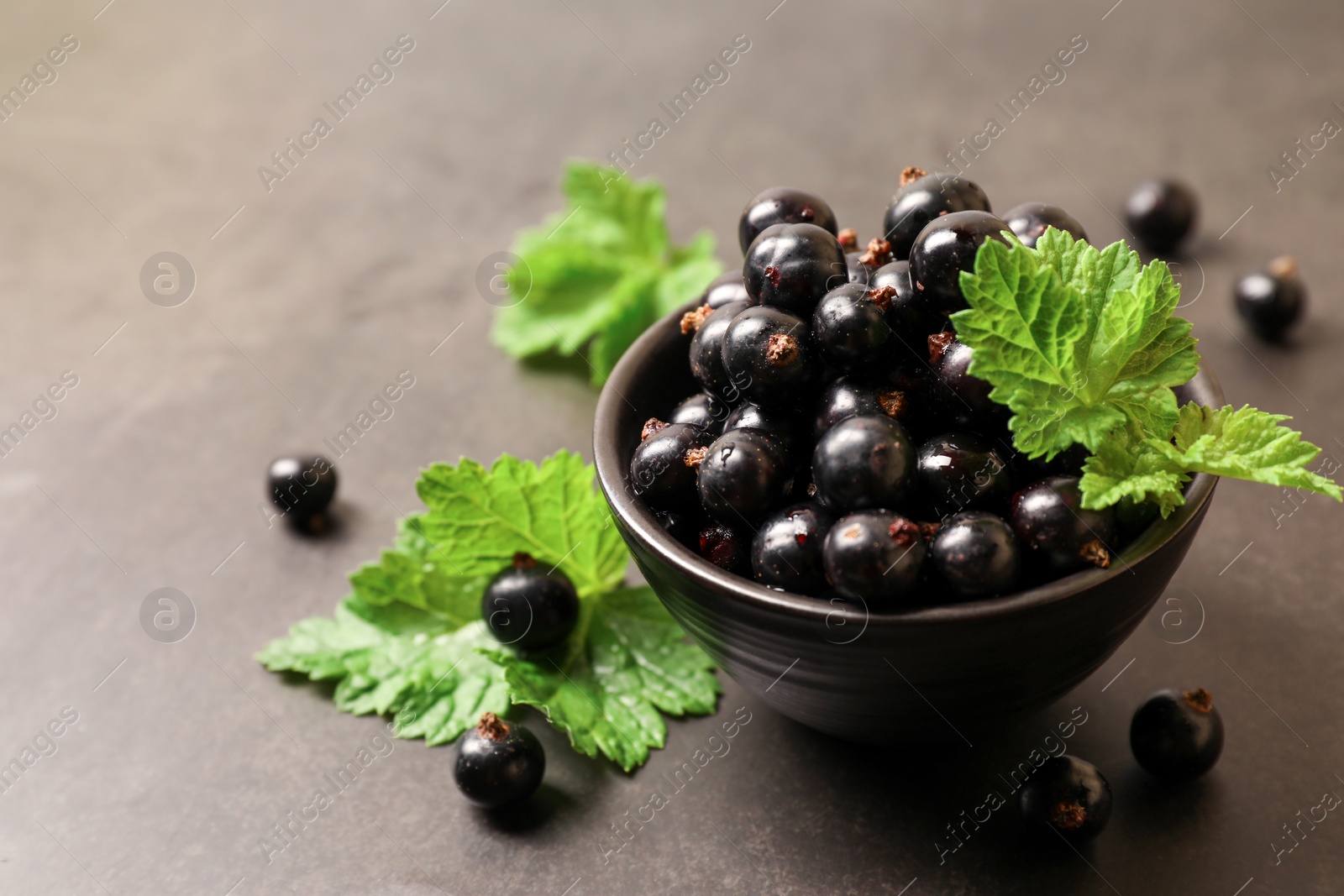 Photo of Ripe blackcurrants and leaves on grey background, closeup. Space for text