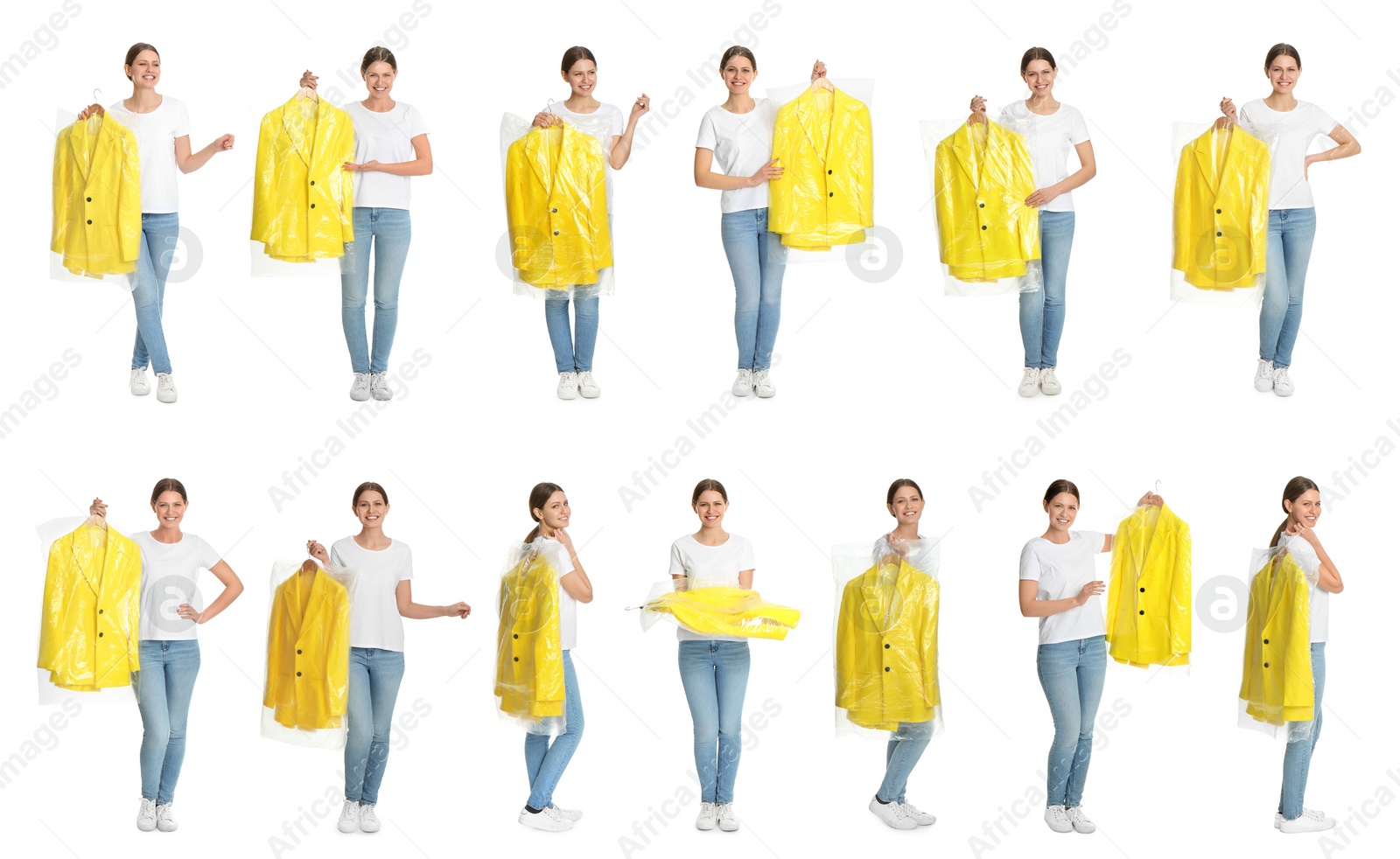 Image of Collage of woman holding hanger with clothes on white background. Dry-cleaning service