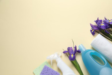 Spring cleaning. Detergents, flowers, sponge and rag on beige background, flat lay. Space for text
