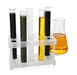 Photo of Test tubes and flask with different types of oil isolated on white