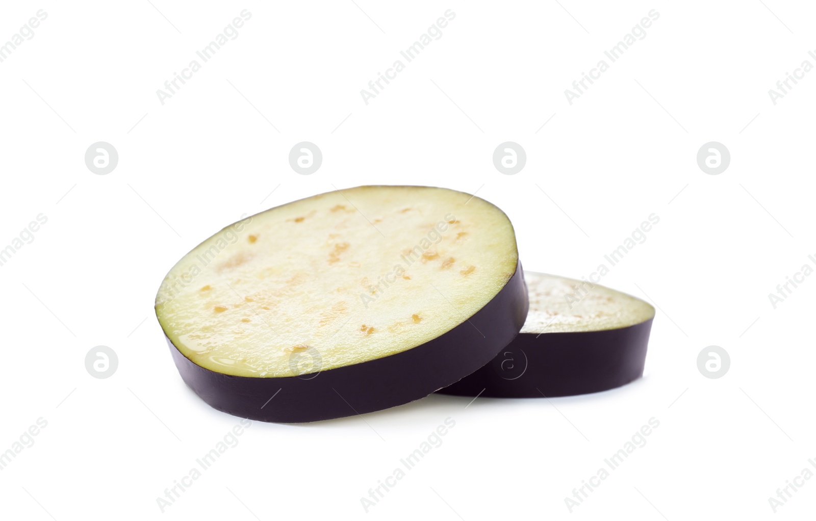 Photo of Slices of ripe eggplant on white background