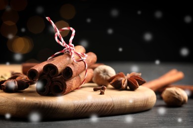 Different spices on dark table, closeup. Cinnamon, cloves, anise, nutmegs