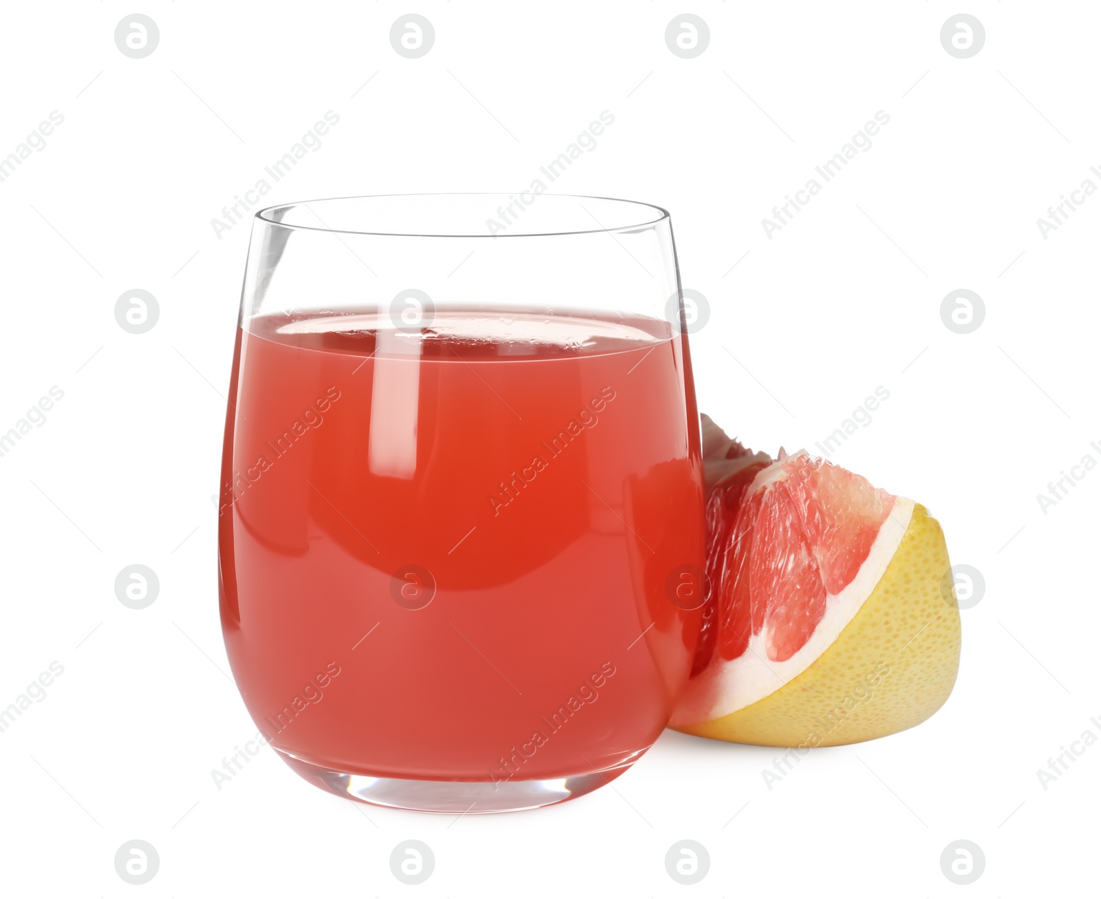 Photo of Glass of pink pomelo juice and fruit isolated on white