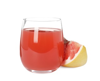 Glass of pink pomelo juice and fruit isolated on white