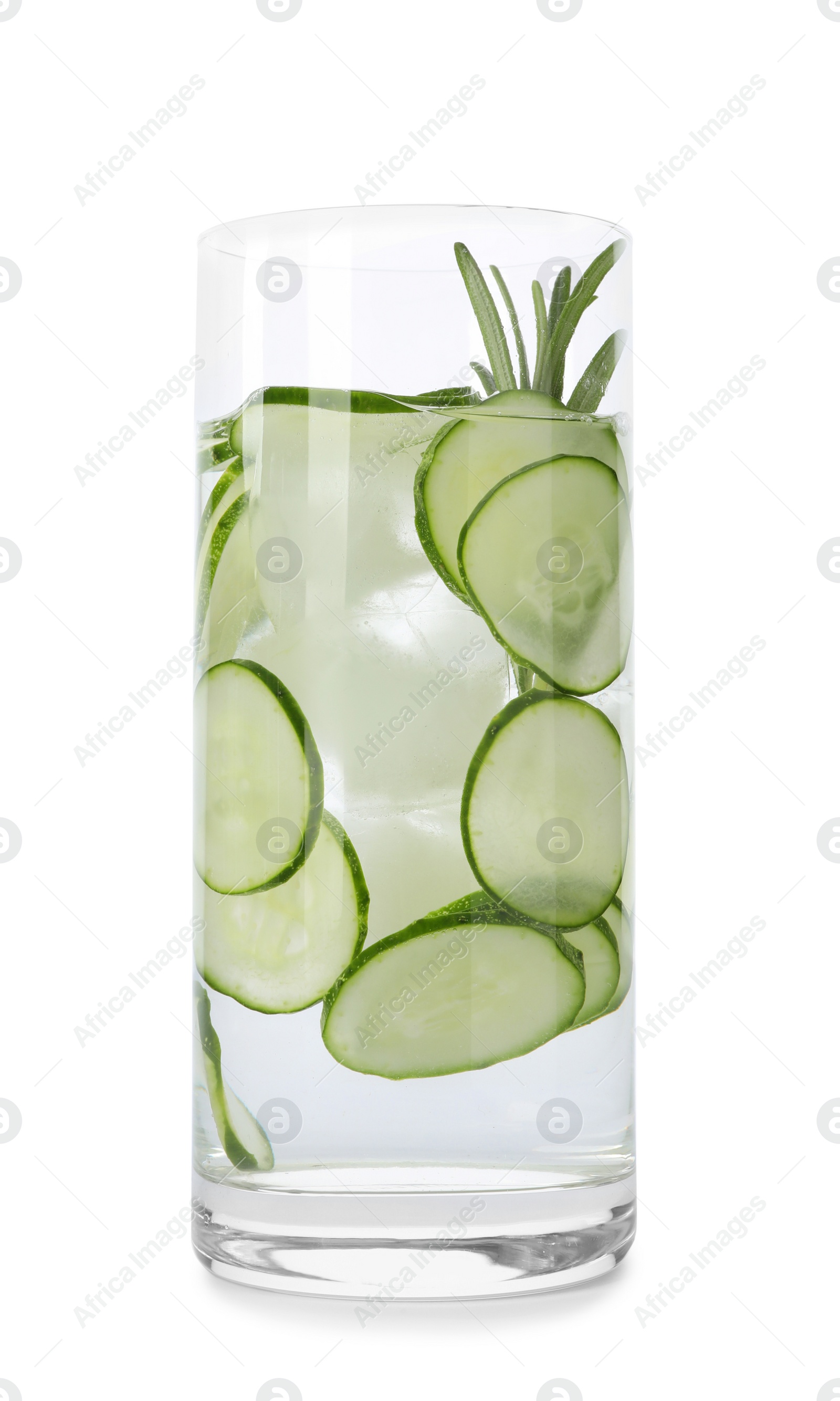 Photo of Glass of refreshing cucumber lemonade and rosemary on white background. Summer drink